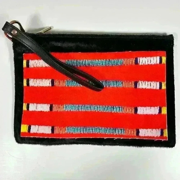 SOUTHWESTERN Black Faux Fur Cow Red Print Pattern Zip Top Pouch Organizer Purse - Picture 1 of 10